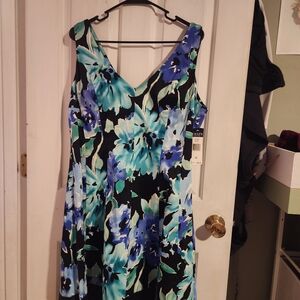 Chaps Blue and Black Floral Midi Dress